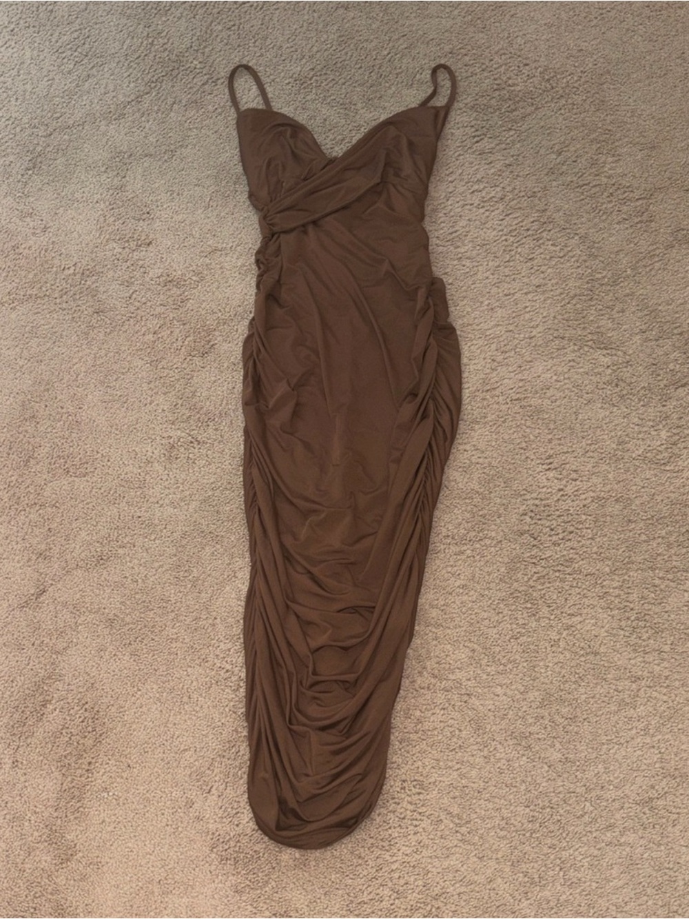 Brown Ruched Spaghetti Strap Midi Dress
